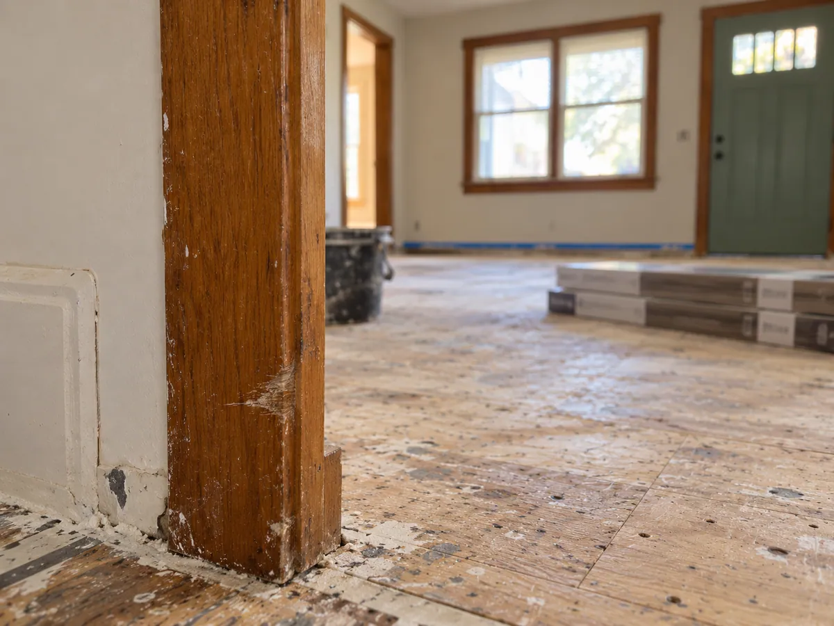 Sample image: Existing doorway-trim scuff, photographed before work reached the doorway. Cause not determined.