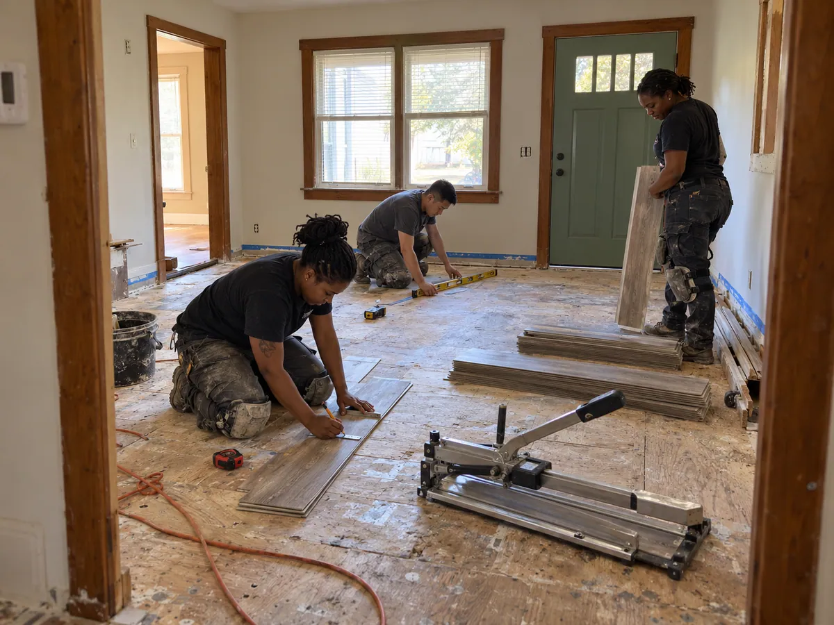 Sample image: Three flooring workers in the cleared living-room work area, staging planks and checking the subfloor.
