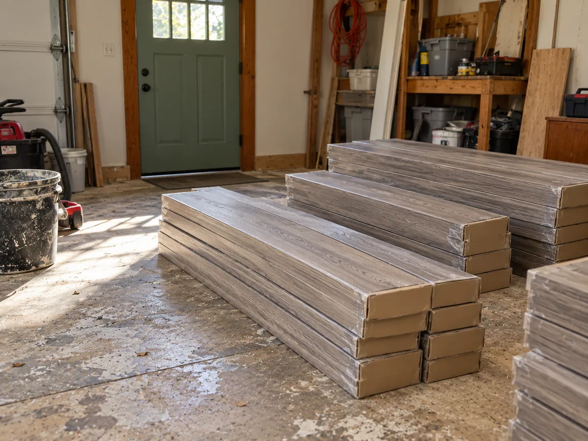 Sample image: Staged flooring cartons; this image does not show all 44 cartons or establish their label details.