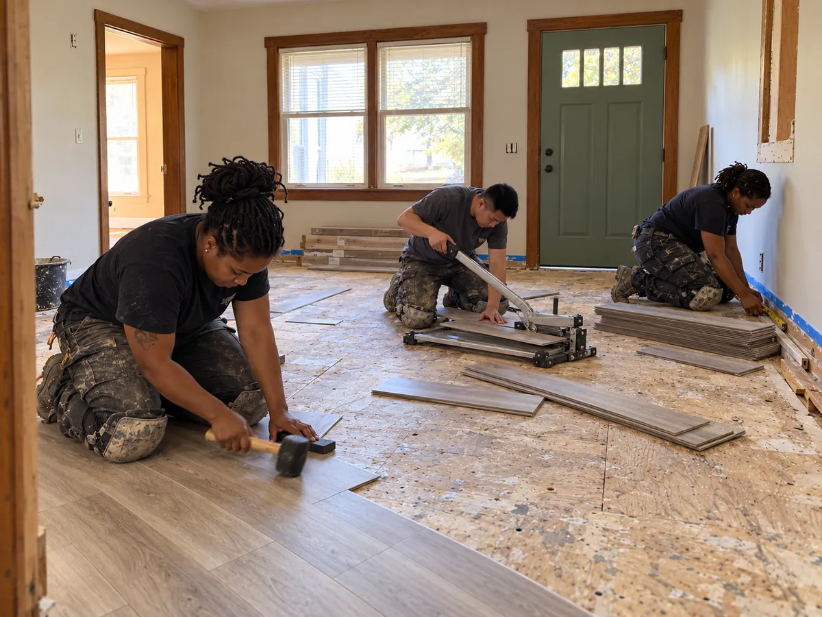 Sample image: Crew preparing and placing initial planks in the living room.